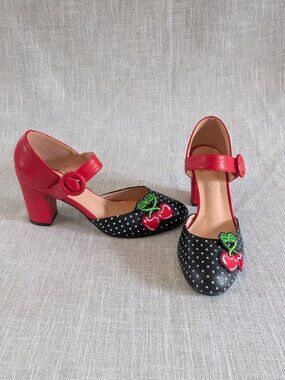Royal Monk Block Heel Polka Dot Mary Janes Pin Up Cherries Retro Rockabilly RARE